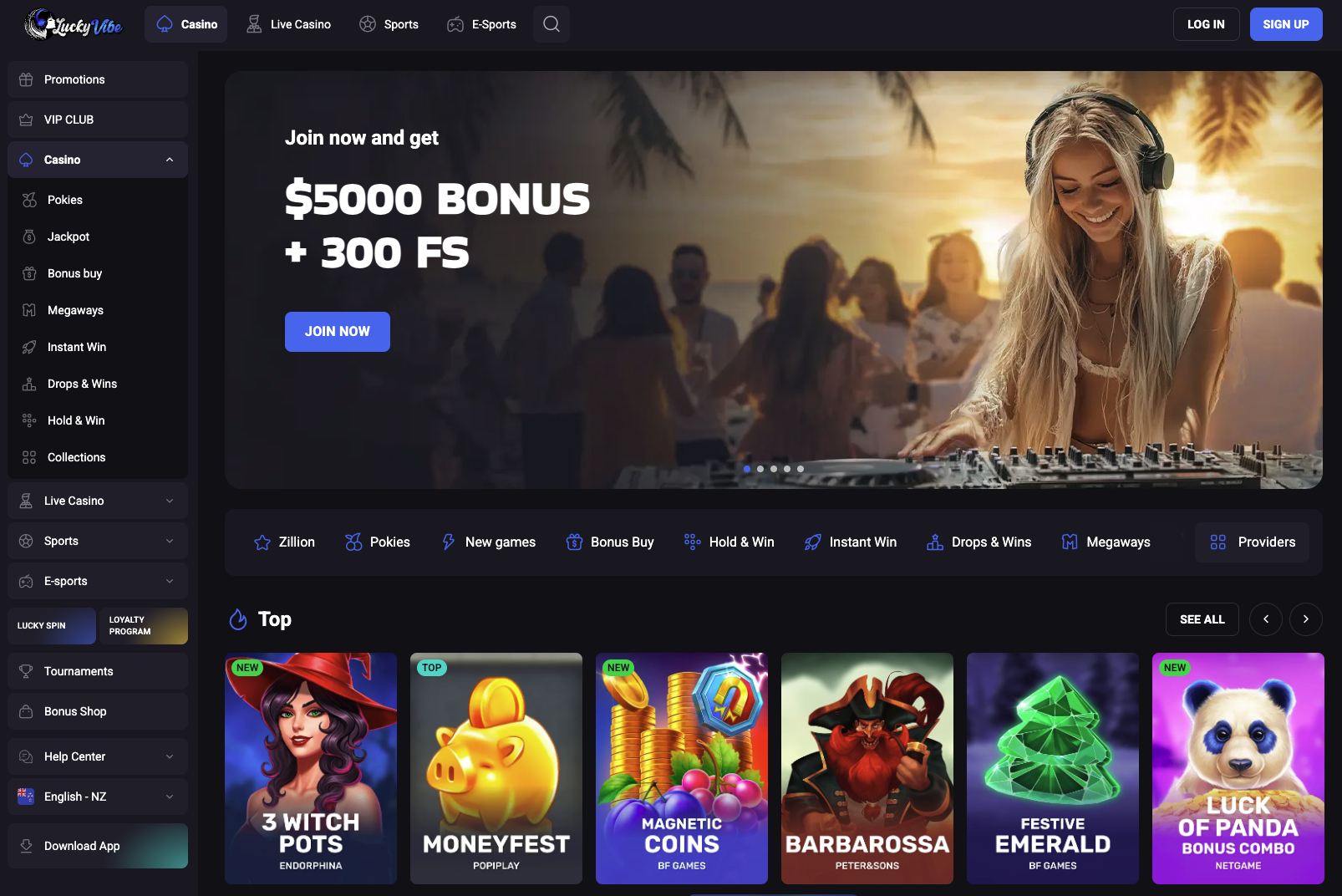 LuckyVibe casino lobby